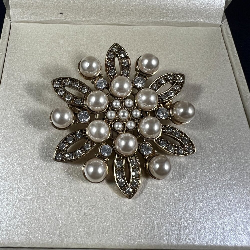 Kim Rogers Gold-Tone Floral Brooch With Pearl & Rhinestone Accents In Gift Box